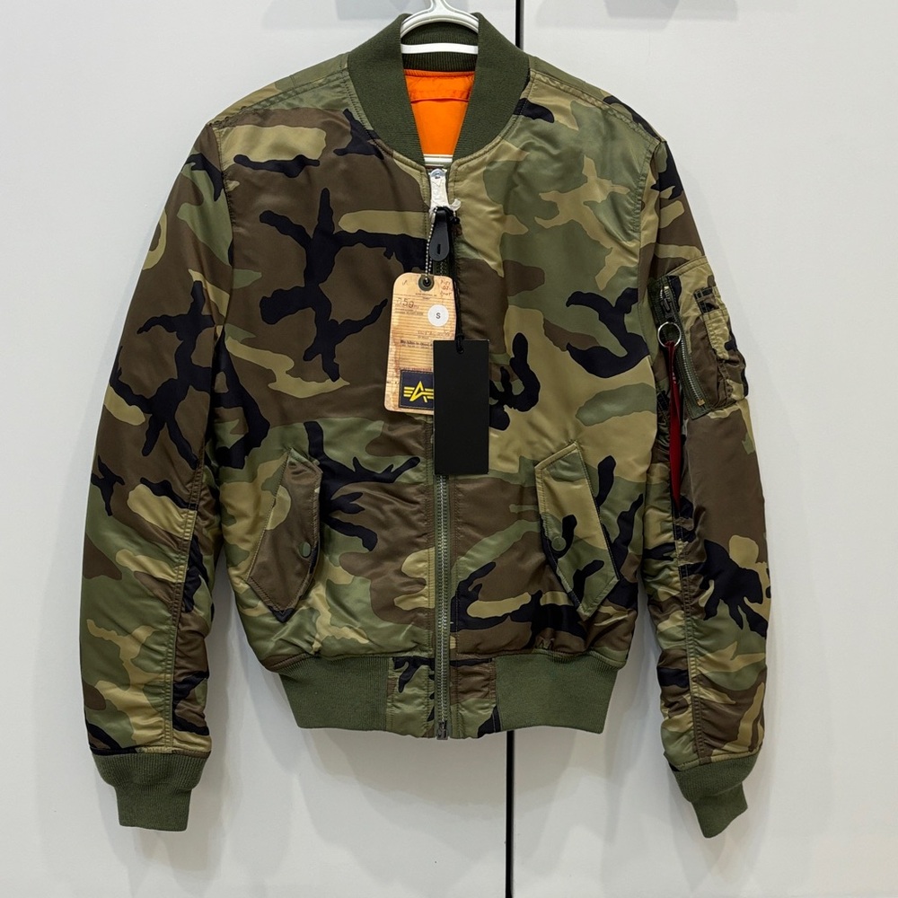 NWT Alpha Industries MA-1 Woodland Camo Bomber Jacket Unisex Small Slim Fit/Euro